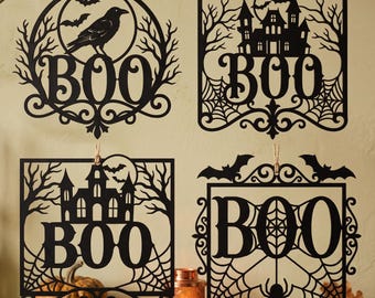Halloween Boo Door Hanger SVG Silhouette Bundle Laser Cut File for Glowforge, xTool & CNC | Spider Web Crow Spooky Halloween Boo Sign Decor