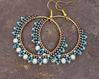 Turquoise Beaded Hoop Earrings | Brass Hoop Dangles,  Turquoise, Teal, Copper Seed Beads, White Pearls, Handmade Boho