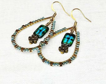 Czech Glass Earrings | Teal Green Beaded Hoop Dangle, Brass Floral Charm Drop, Boho Handmade