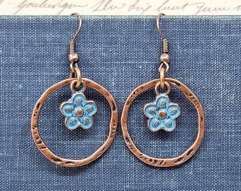 Boho Copper Hoop Earrings, Turquoise Patina Flower, Etched Copper Hoops, Boho Handmade Lightweight