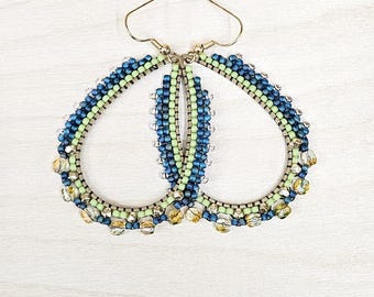 Boho Beaded Brass Hoop Earrings | Blue Green Seed Bead Dangle | Lightweight Handmade Earrings