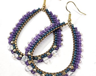 Purple and Teal Beaded Teardrop Hoop Earrings – Boho Artisan Jewelry