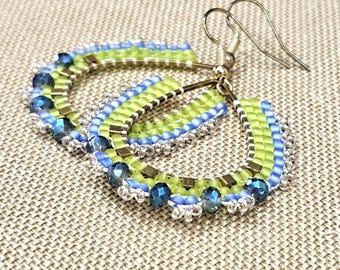 Beaded Teardrop Hoop Earrings | Brass, Blue Green Seed Beads, Crystal Accents, Boho Lightweight Handmade