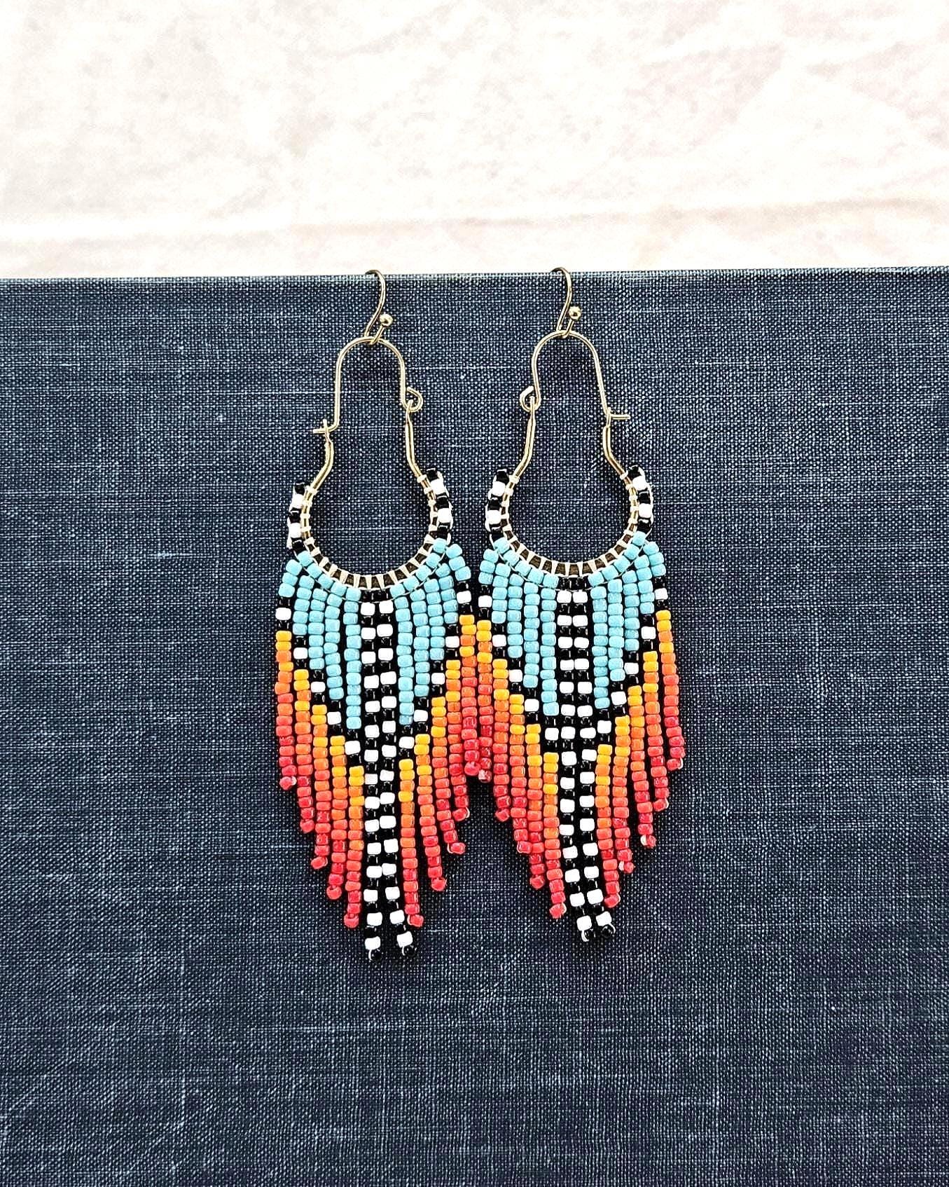 Ombre Seed Bead Fringe Hoop Earrings | Gold Tone Metal, Handmade Boho ...