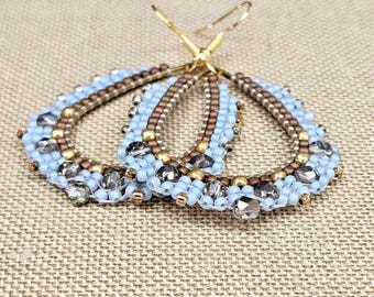 Beaded Dangle Earrings | Brass Teardrop Hoops, Denim Copper Seed Beads, Boho, Handmade, Lightweight