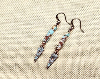 Turquoise Boho Spike Earrings, Rustic Copper Tribal Dangles, Southwestern