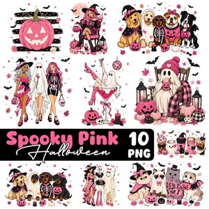 May include: A digital collection of 10 Spooky Pink Halloween PNG graphics featuring illustrations of witches, ghosts, dogs, and cats in pink costumes, pumpkins, and skulls. The text Spooky Pink Halloween 10 PNG is displayed in bold pink and white lettering.