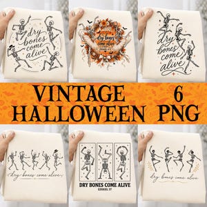 May include: A collection of six off-white fabric squares featuring black ink illustrations of dancing skeletons and the text "dry bones come alive" or "DRY BONES COME ALIVE EZEKIEL 37:5". Some designs include orange floral wreaths, bats, and stars.