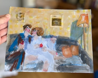 Lovers with Apples Print: Intimate Couple Acrylic Painting (Digital Download