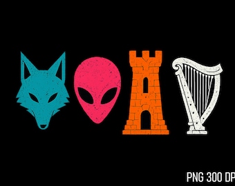 Fox Alien Castle Harp PNG: Fantasy Mythical Symbols Celtic Magic Retro Aesthetic png Pagan Art (Digital Download)