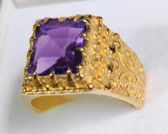 14K Gold Amethyst Men's Ring | February Birthstone | Art Deco Signet Ring | Handmade Luxury Jewelry