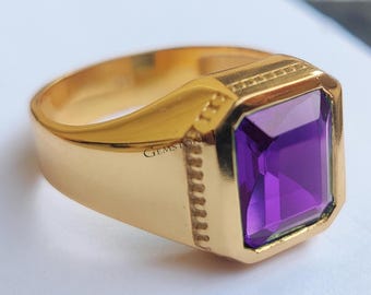 14K Gold Amethyst Men's Ring | February Birthstone | Art Deco Signet Ring | Handmade Luxury Jewelry