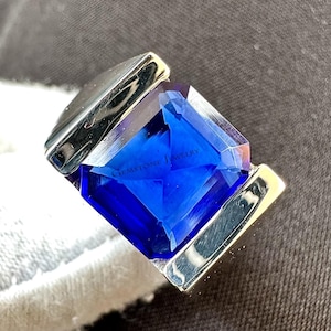 Blue Sapphire Sterling Silver Men&#39;s Ring: Art Deco Style
