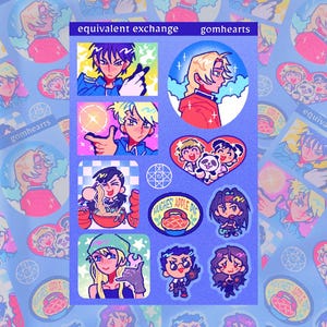 May include: A blue sticker sheet featuring various anime-style illustrations, including characters, a heart with a panda, a pie labeled "Hughes' Apple Pie," and a transmutation circle. The text "equivalent exchange" and "gomhearts" is at the top.