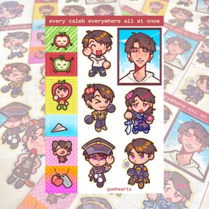 May include: A sticker sheet titled every caleb everywhere all at once featuring various cartoon illustrations of a character in different outfits, including a chef apron, a military uniform, and a fantasy costume, alongside small apple and paper plane icons.