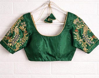 Green Silk Embroidered Blouse with  Floral Zari Work