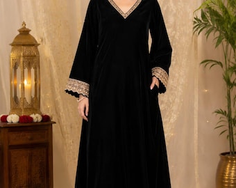 Velvet Kurta Palazzo Set, Black Burgundy Indian Ethnic Outfit, V Neck Party Wear