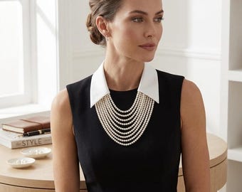 Layered Faux Pearl Collar Necklace, Vintage Detachable Bib Jewelry, Office Party Accessory