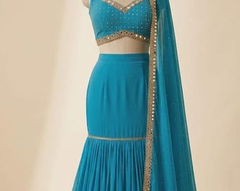 Turquoise Blue Lehenga Choli Set, Custom Bridesmaid Indian Wedding Outfit