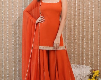 Ensemble costume orange en georgette Sharara, tenues ethniques festives, couleur personnalisée disponible