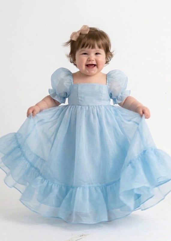 Baby Blue Organza Puffy Sleeve Dress, Back Bow Party Outfit
