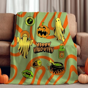 Halloween Retro Blanket – Happy Halloween Ghosts & Pumpkins Cozy Throw