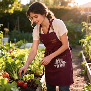 Puede incluir: Delantal de jardinería burdeos con correas y bolsillos de cuero marrón. El delantal tiene un diseño floral blanco y el nombre "Annie". La persona de la imagen está trabajando en un jardín.