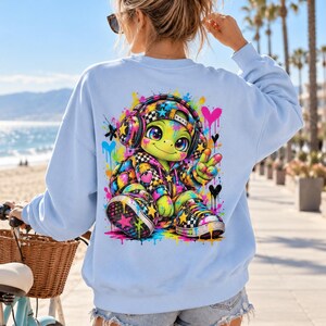 Graffiti Turtle Sweatshirt, Colorful DJ Turtle Crewneck, Unisex Streetwear Sweater, Cute Neon Turtle Back Print, TIKO Clothing