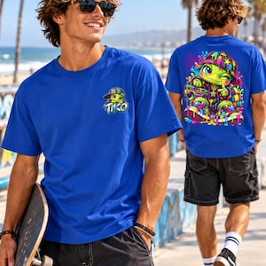 Turtle Graphic T-Shirt, Colorful Graffiti Streetwear Tee, Cute Skater Turtle, TIKO Front & Back Print, Unisex Skateboard Shirt