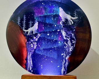 Aurora Borealis Lamp Howling Wolf Northern Lights Lamp Alaska Decor Northern Lights Gift Resin Lamp Wood Creative Personalized Gifts