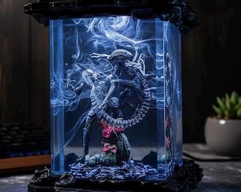 Lámpara de resina personalizada de Xeno.morph vs. Pr.ed.ator, lámpara epoxi de Ali.en, lámpara de madera de resina Space Monters hecha a mano, figura epoxi de Xen.omorph, regalo de Navidad