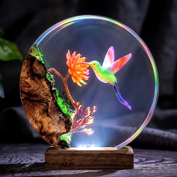 A wolf-howling-at-the-moon scene sculpted inside a glowing crystal-cave resin lamp — genuinely dimensional, moody desk art that doubles as a night light.