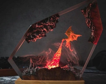 Fire Dragon Resin Lamp,Handmade Fantasy Night Light, Dragon Statue, Gift For him, Birthday Gift Idea, Gaming Decor, Valentine's Gift