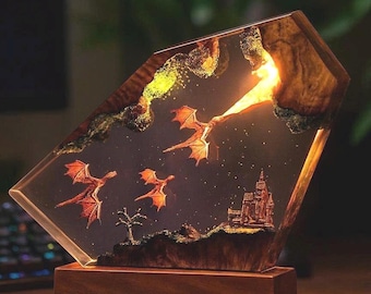 Three Dragon Resin Lamp, Handmade Fantasy Fire Dragon Art Night Light , Lighting Home Decor, father's day gift, gift for him, Dragon statue