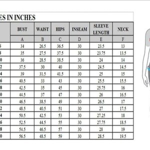 May include: A size chart for women's clothing, displaying measurements in inches. The chart includes bust, waist, hips, inseam, sleeve length, and neck measurements for sizes 6 through 30. A diagram of a woman illustrates where to measure.