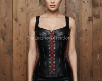 Black Leather Corset Top with Red Lace-Up Detailing | Women’s Fitted Leather