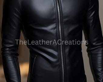 Handmade Black Leather Jumpsuit with Front Zipper Closure