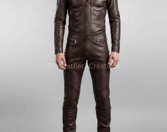 Men’s Brown Leather Biker Suit – Motorcycle Jacket and Pants Set