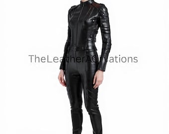 Women’s Black Real Leather Jumpsuit – Full Body Zipper Catsuit Style