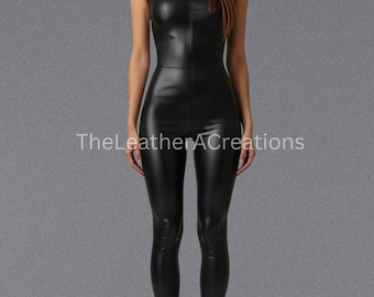 Sleeveless Black Leather Jumpsuit for Women – Slim Fit High Neck Bodysuit Outfit