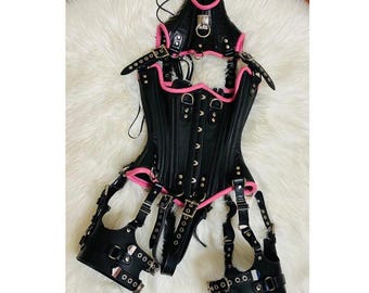 Handcrafted Leather Corset | Pink Edge Detail | Adjustable Buckle Harness Design