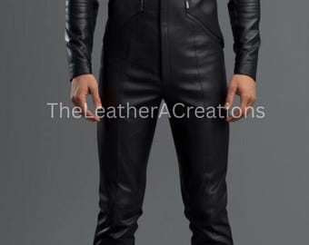 Black Leather Jumpsuit for Men | Full Body Real Leather Outfit with Zipper