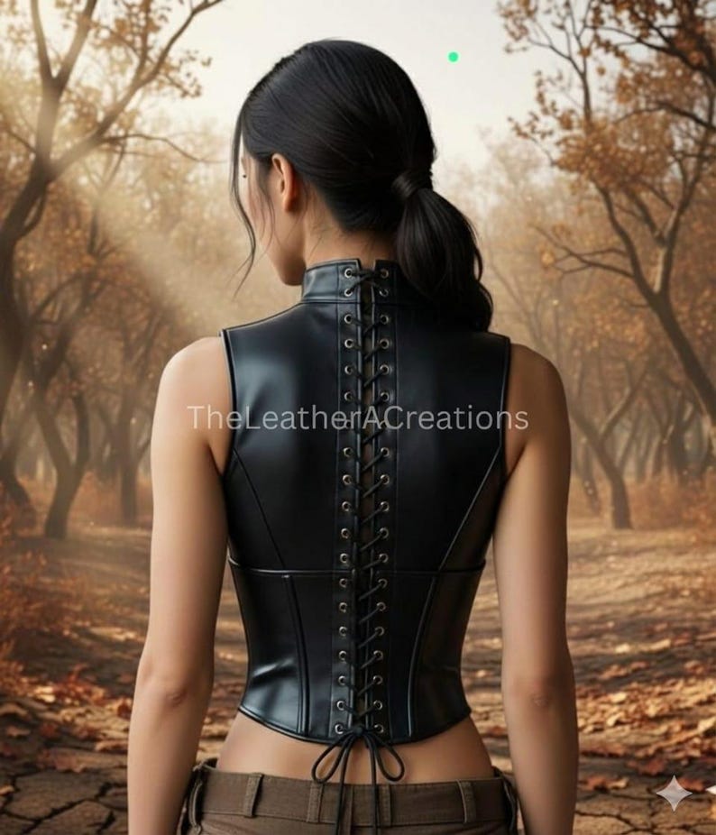 May include: A black leather corset with a high collar and lace-up back. The corset is sleeveless and fitted, with a structured design. The text "TheLeatherACreations" is visible on the garment. The background features a blurred outdoor scene with trees.