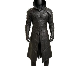 May include: A black leather hooded coat with a belt and shoulder armor. The coat has a long, flowing design with intricate stitching and a buckle closure. The sleeves are long and fitted, and the coat is worn over black gloves and boots.