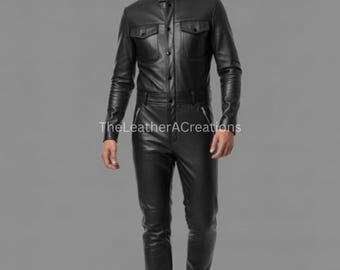 Black Leather Outfit Set – Men’s Leather jumpsuit– Slim Fit Suit