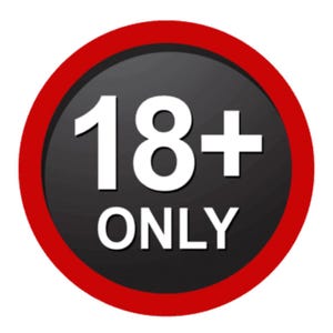 May include: A circular graphic with a black background and a red border. The text "18+ ONLY" is displayed in white. The number "18" is followed by a plus sign, with "ONLY" below.