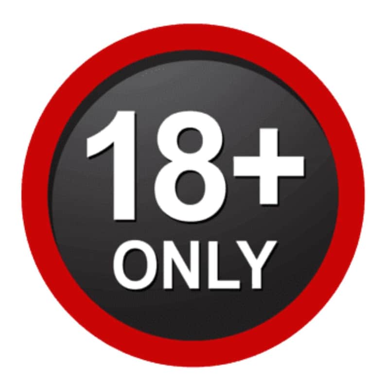 May include: A circular graphic with a black background and a red border. The text "18+ ONLY" is displayed in white. The number "18" is followed by a plus sign, with "ONLY" below.