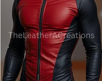May include: A black and red leather jumpsuit with a front zipper. The jumpsuit has a red panel on the chest and upper torso, with black sleeves and legs. The LeatherACreations text is visible.