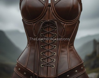 Brown Genuine Leather Corset | Handmade Steampunk Corset Top | Lace Up Costume