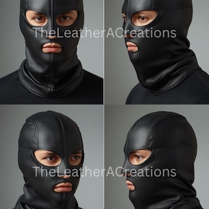May include: A black leather hood with eye and mouth openings. The hood covers the entire head and neck, featuring a smooth, matte finish. The text "TheLeatherACreations" is visible on the image. The hood is designed with a vertical seam down the centre.